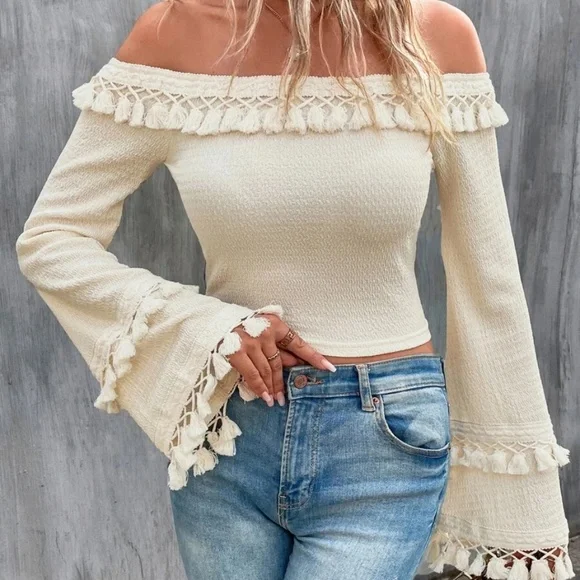 Boho Off Shoulder Tassel Detail Cropped Top - Picture 4 of 13